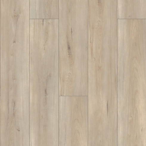 A close-up image of Capetown Maple luxury vinyl flooring plank with a light wood appearance, showcasing the texture and bevels.