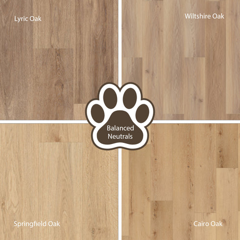 Four different wood finishes in the Floors for big dogs collection includes: Lyric Oak, Wiltshire Oak, Springfield Oak, and Cairo Oak with a central paw print Balanced Neutrals options.