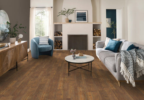 COREtec Originals LVP - Carolina Pine flooring installed in a living room. 100% waterproof, kidproof and pet proof flooring from Best Floor for dogs.