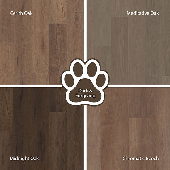 Four different wood finishes labeled Cerith Oak, Meditative Oak, Midnight Oak, and Chromatic Beech with a central paw print graphic.