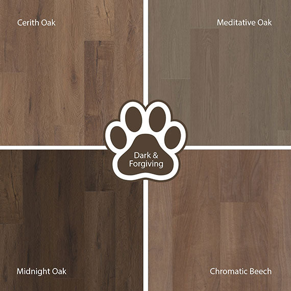 Four different wood finishes labeled Cerith Oak, Meditative Oak, Midnight Oak, and Chromatic Beech with a central paw print graphic.