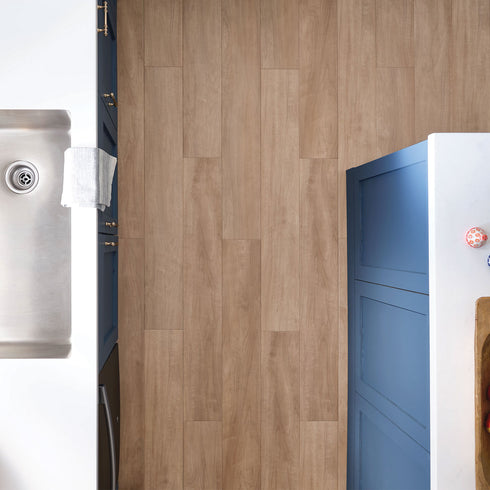 Overhead view of Tawny Beech installed in kitchen.